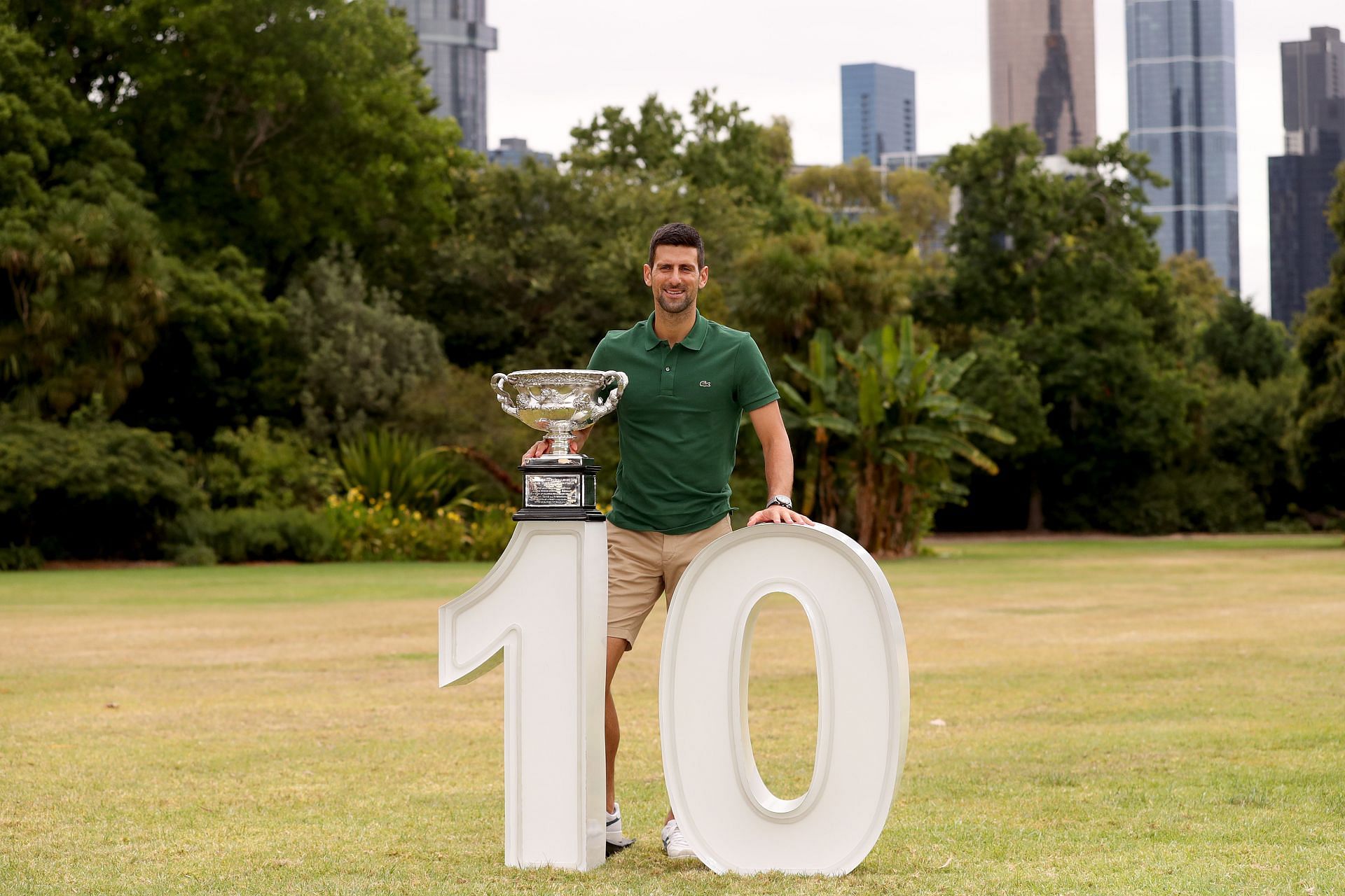 Novak Djokovic pictured in the 2023 Australian Open trophy photoshoot.