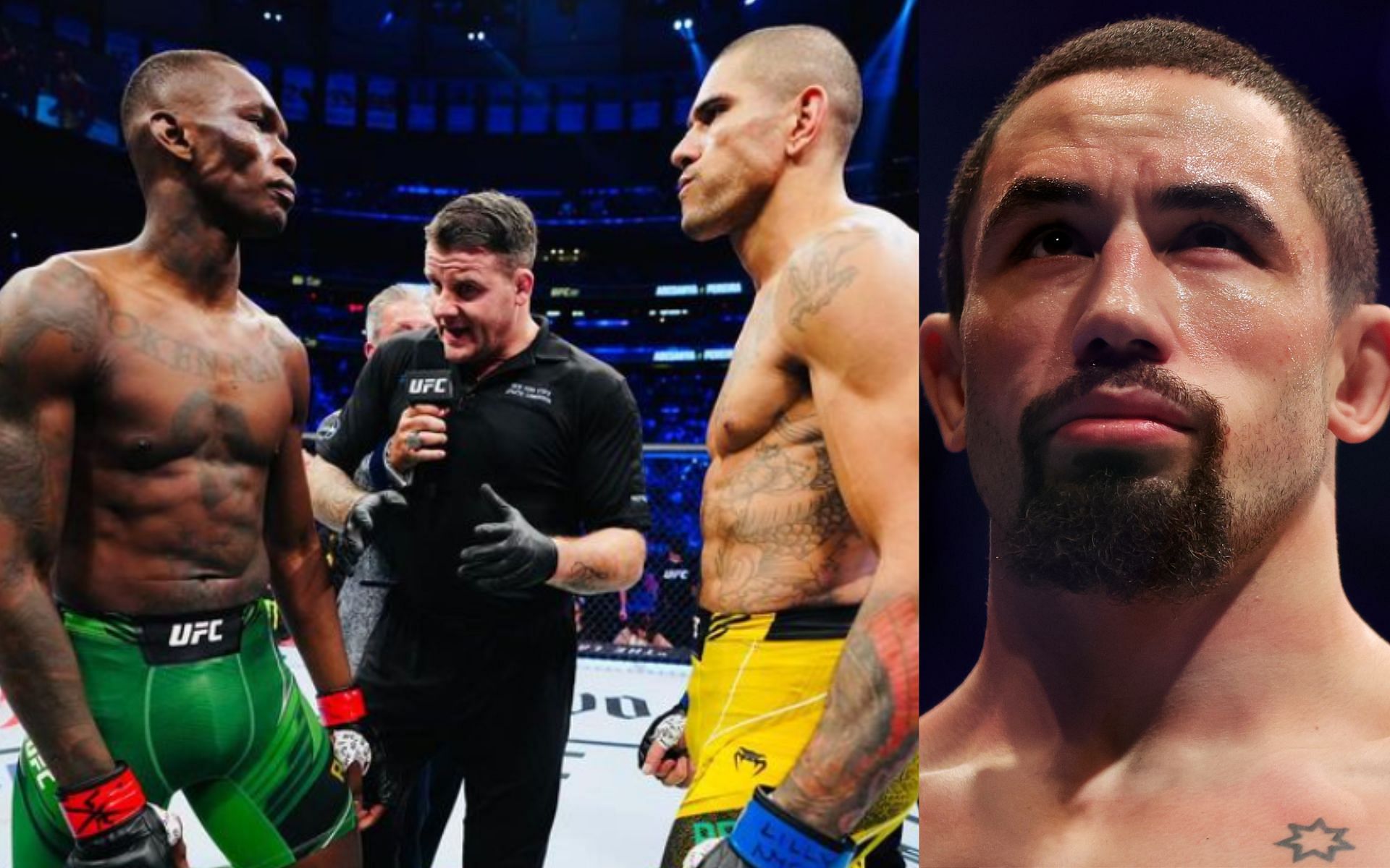 Israel Adesanya vs. Alex Pereira (left) and Robert Whittaker (right). [Images courtesy: left image from Instagram @stylebender and right image from Getty Images]