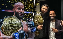 Demetrious Johnson congratulates new featherweight kickboxing king Chingiz Allazov with backstage photo
