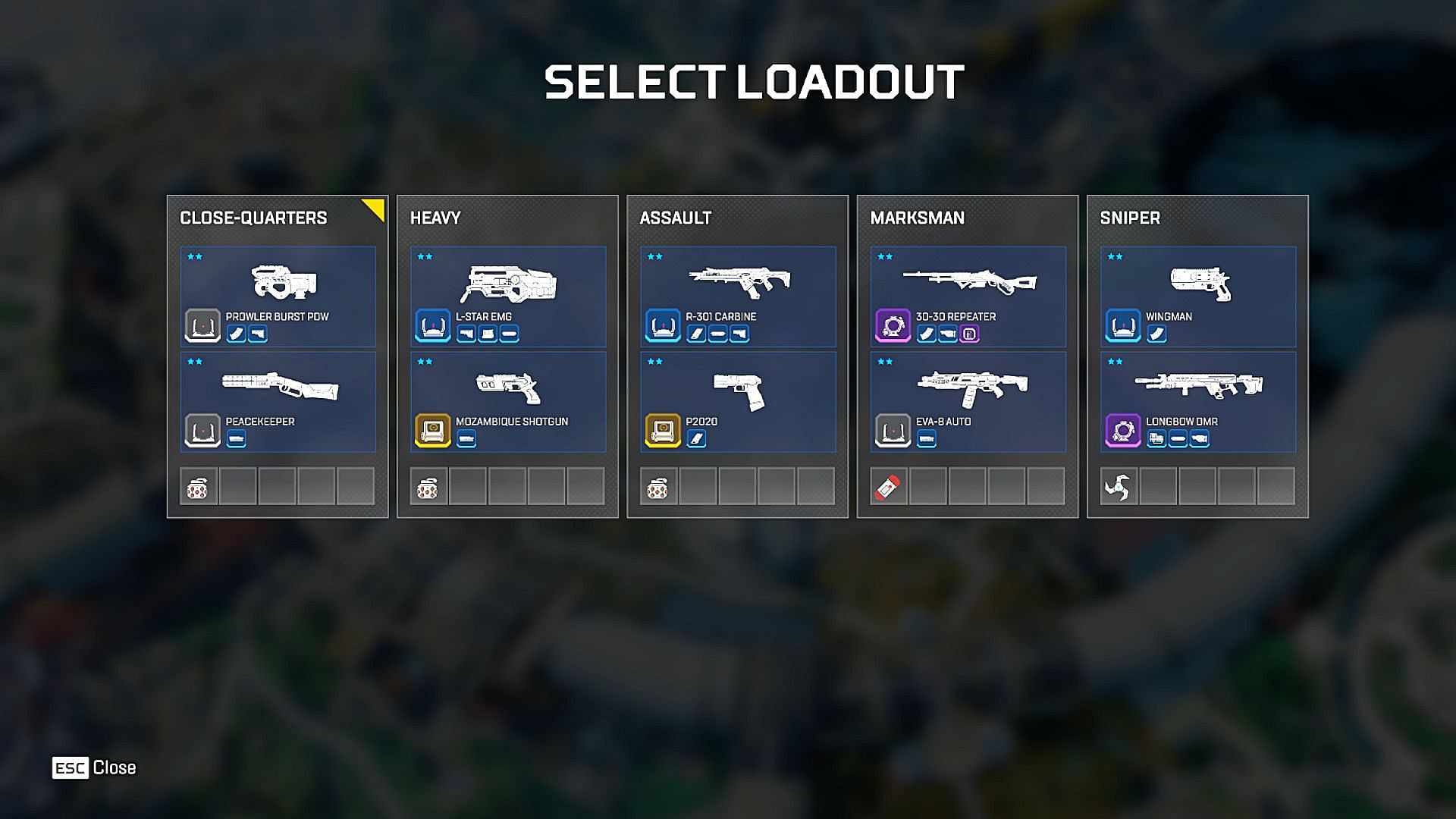 Some available loadouts during a match of Control in Apex Legends (Image via EA)