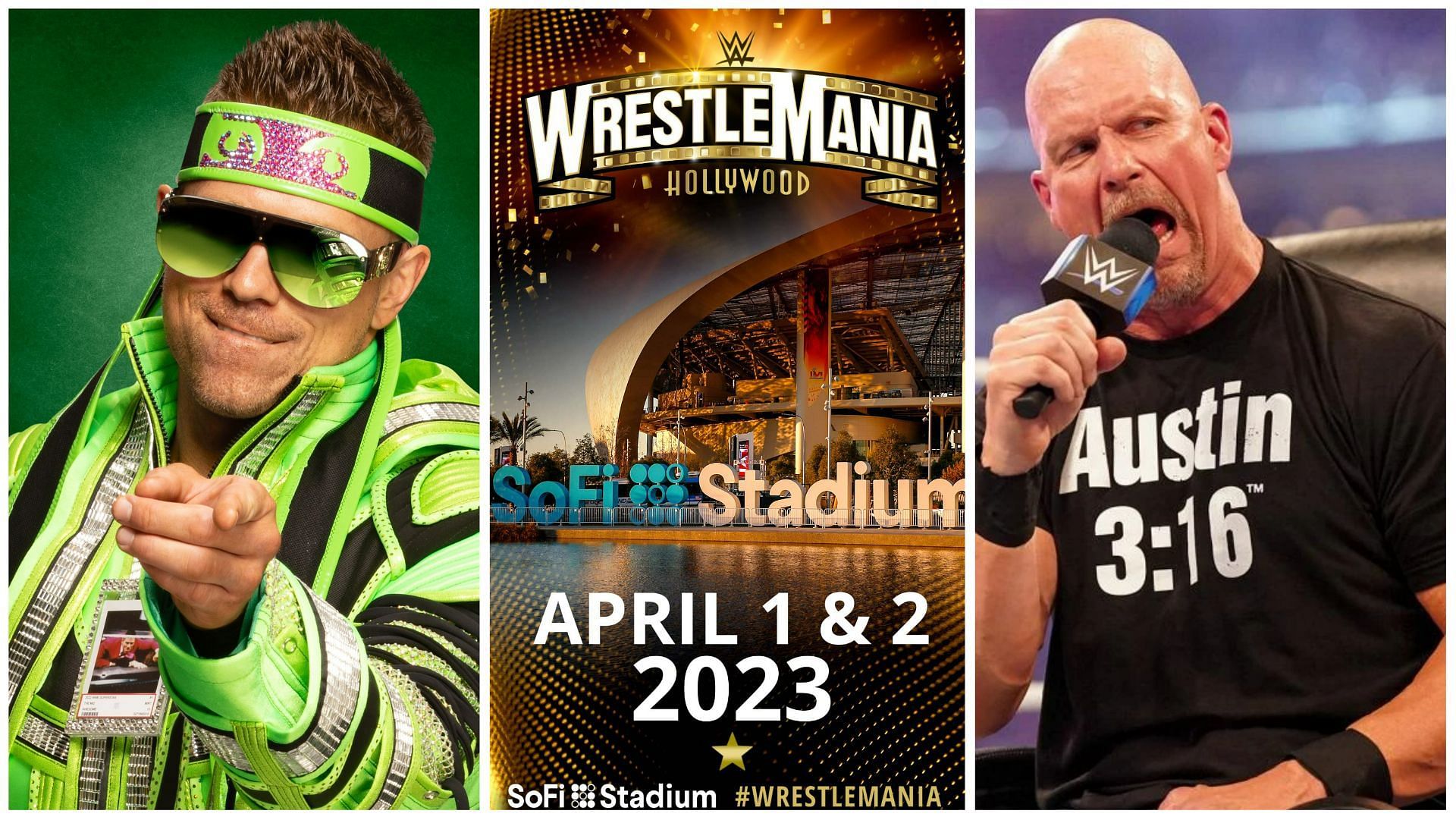 WWE RAW Superstar The Miz (L), WrestleMania 39 goes Hollywood (C), Stone Cold Steve Austin (R)