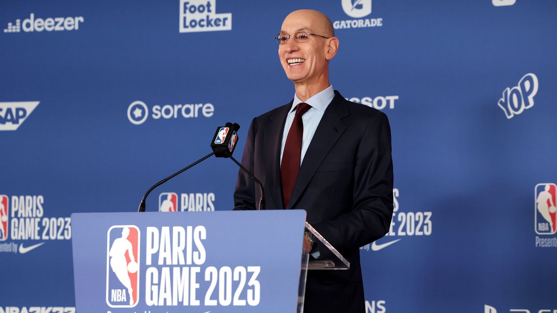 NBA commissioner Adam Silver speaking at a press conference prior to NBA Paris Game 2023