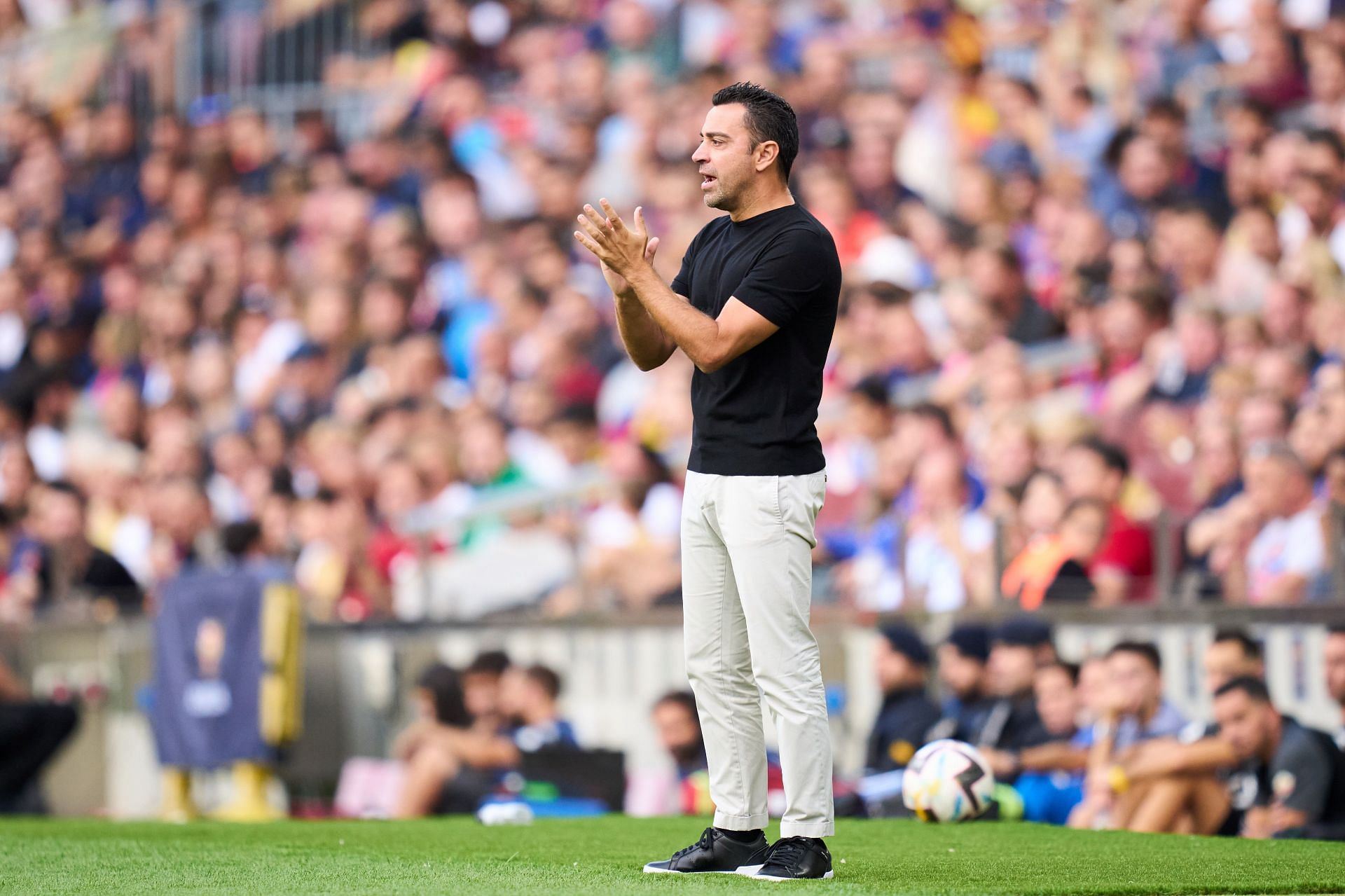 Barcelona manager Xavi Hernandez reacts during a La Liga game