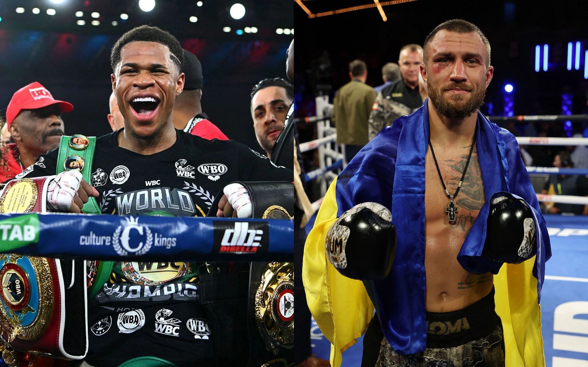 Devin Haney (L), and Vasyl Lomachenko (R).