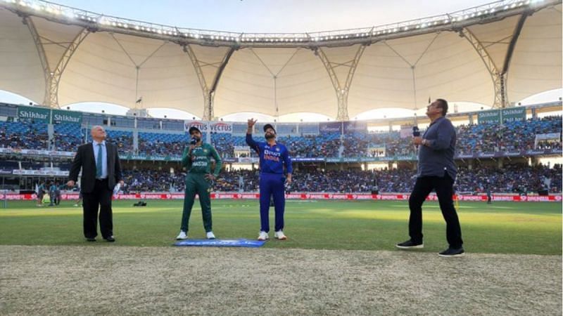 Rohit Sharma flips the coin during the India-Pakistan Asia Cup 2022 clash.