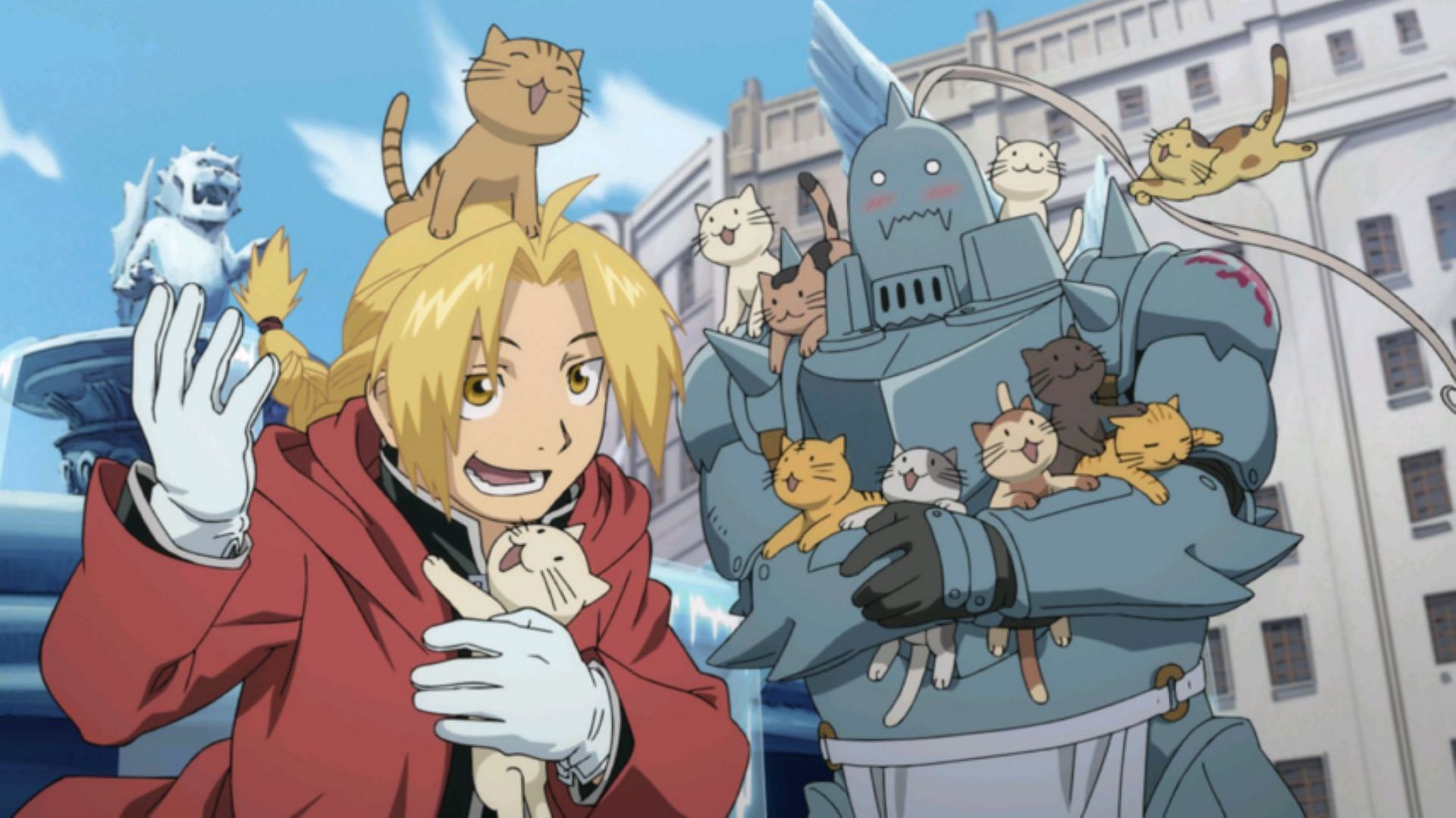 Alphonse and Ed and many cats in the anime (Image via Studio Bones)