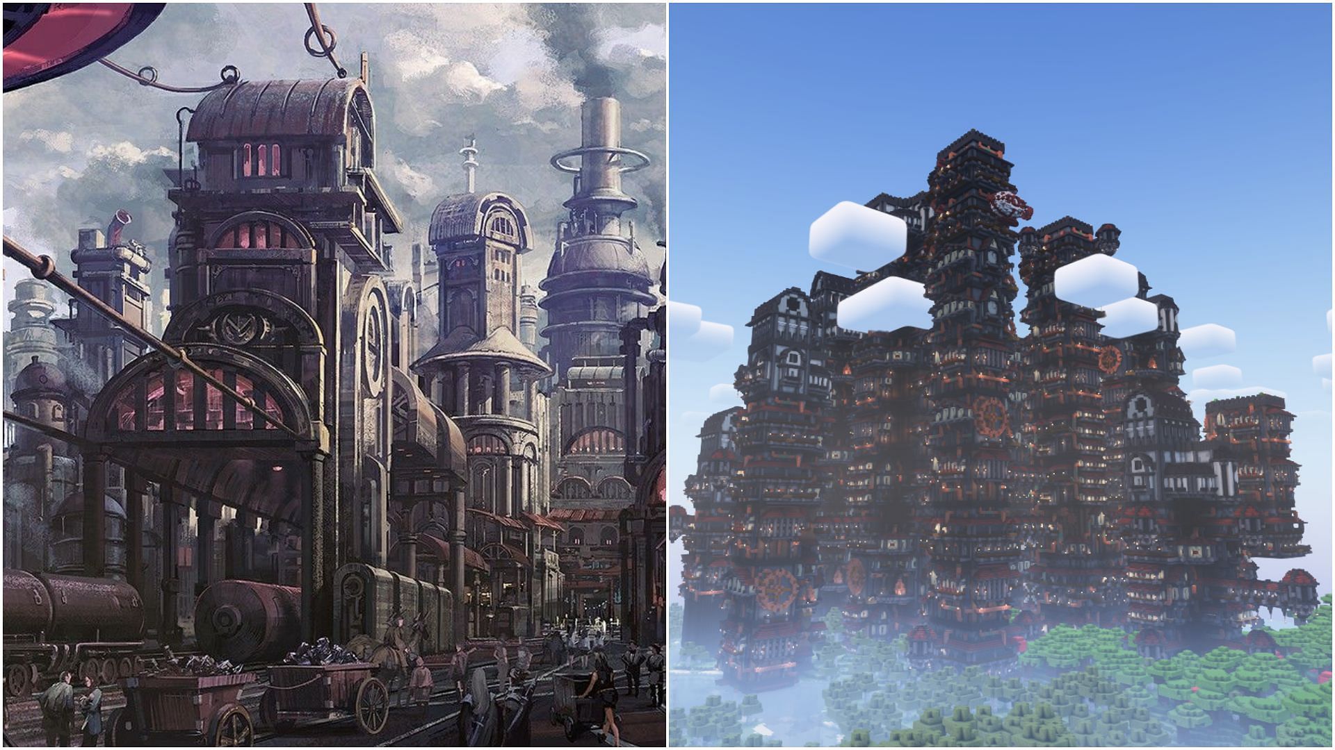Minecraft created a datapack that randomly generates a steampunk-style city (Image via Sportskeeda)