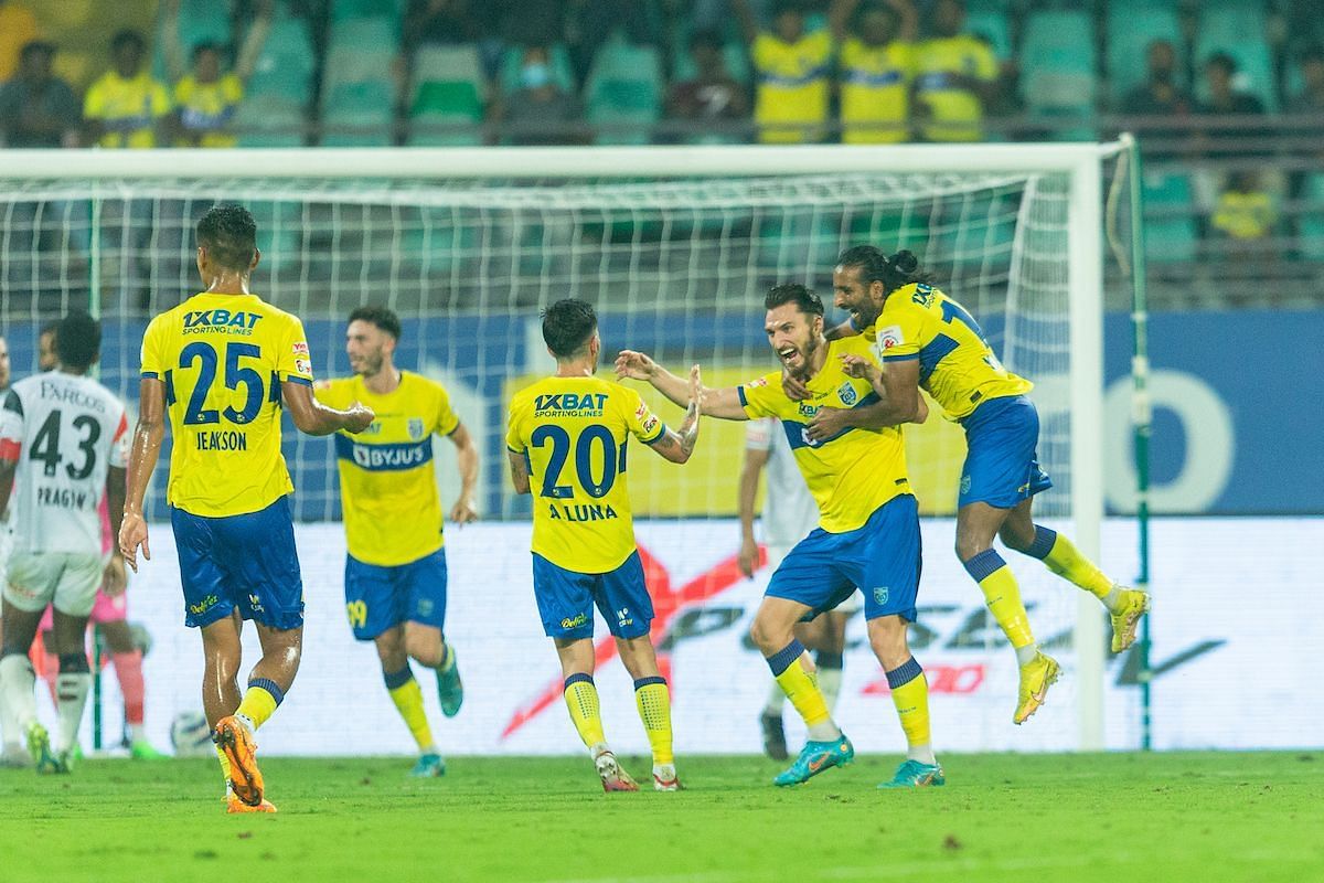 Kerala Blasters FC players celebrate during their 2-0 win over NorthEast United FC. [Credits: ISL Media]