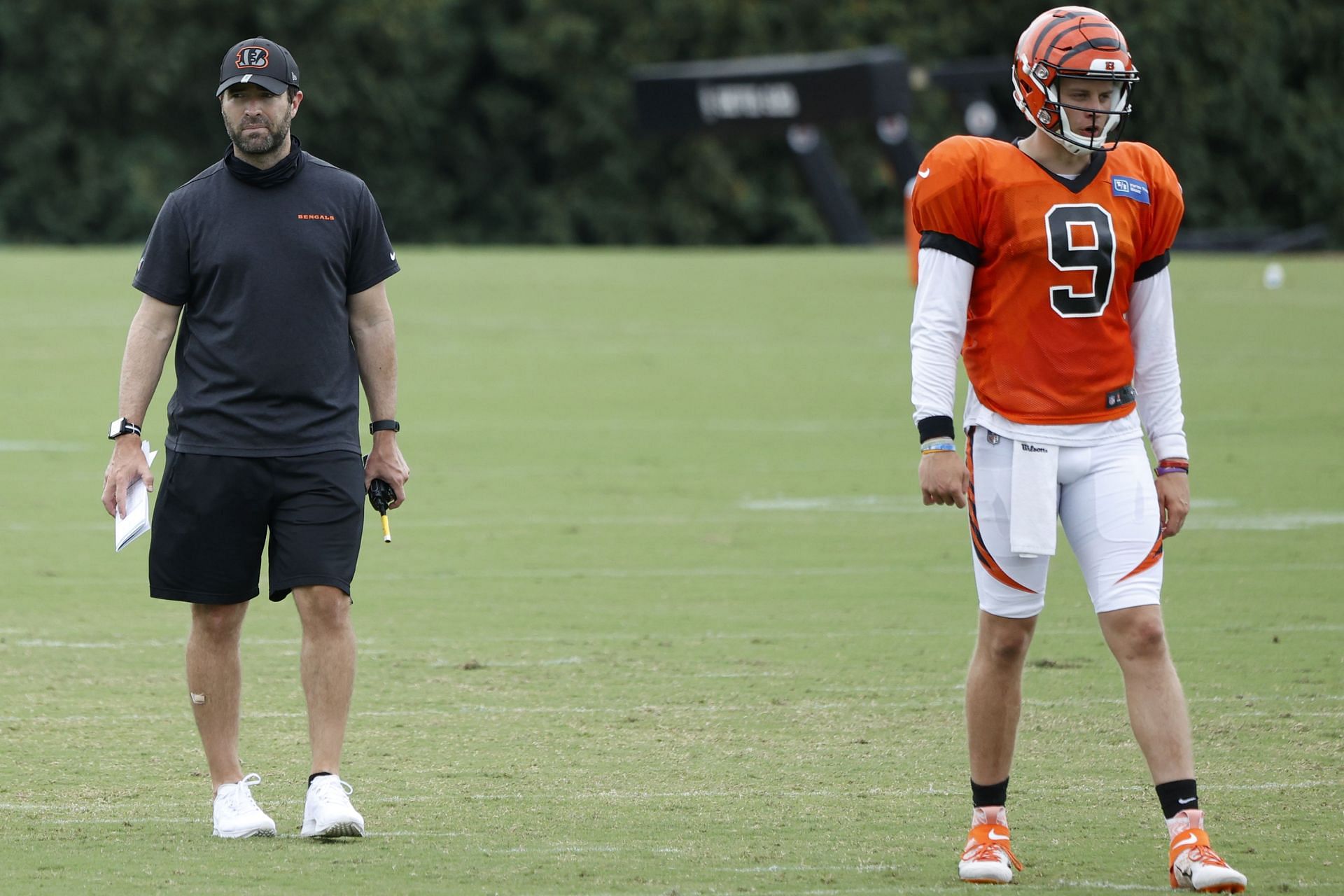 Brian Callahan (left) and Joe Burrow (right) at Cincinnati Bengals Training Camp