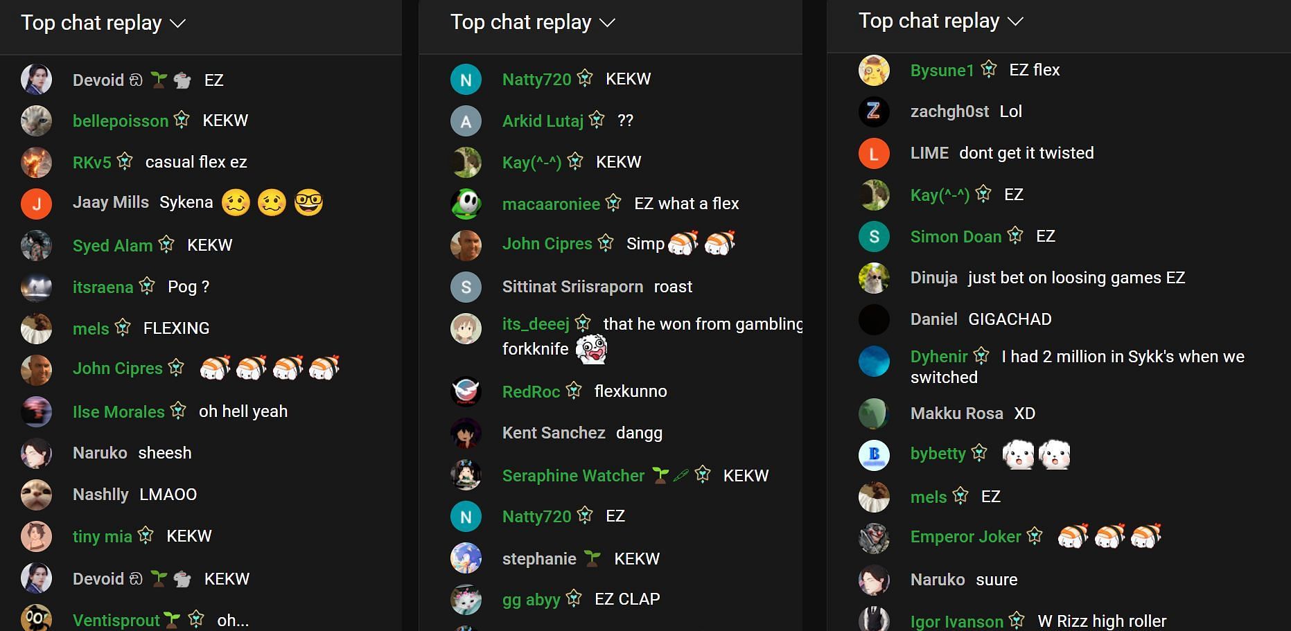 Fans in the top chat replay reacting to the streamer talking about Pokimane channel points (Image via Sykkuno/YouTube)