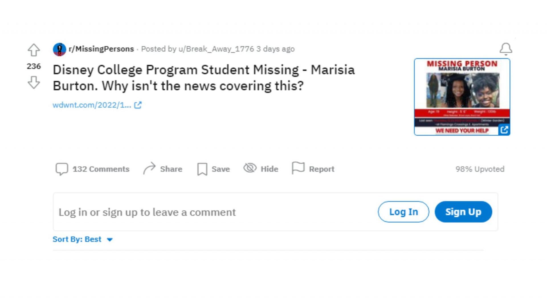 Reddit post on Marisia Burton missing case (Image via Reddit)
