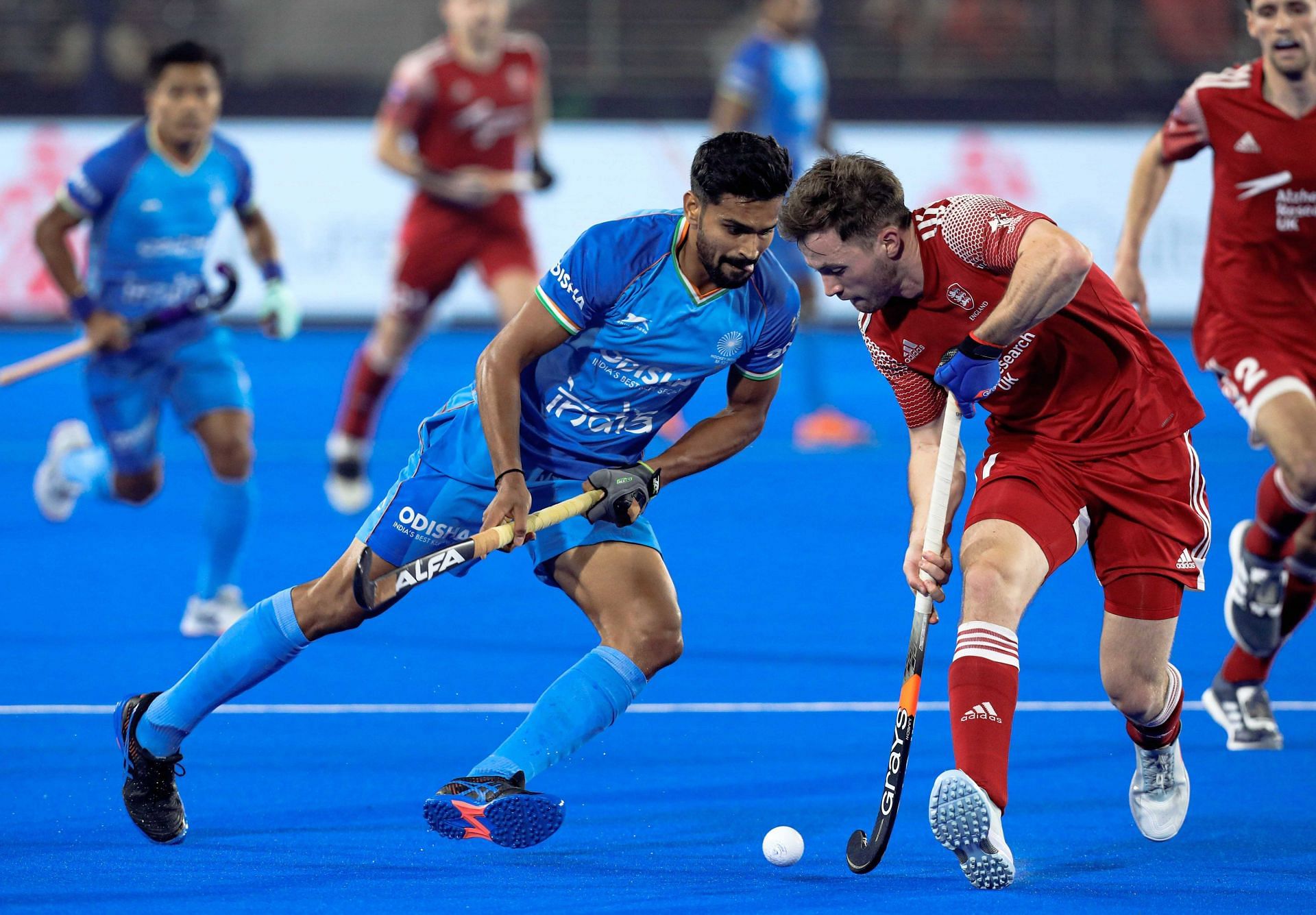 India and England teams in action in an earlier match (Image Courtesy: Twitter/Hockey India)