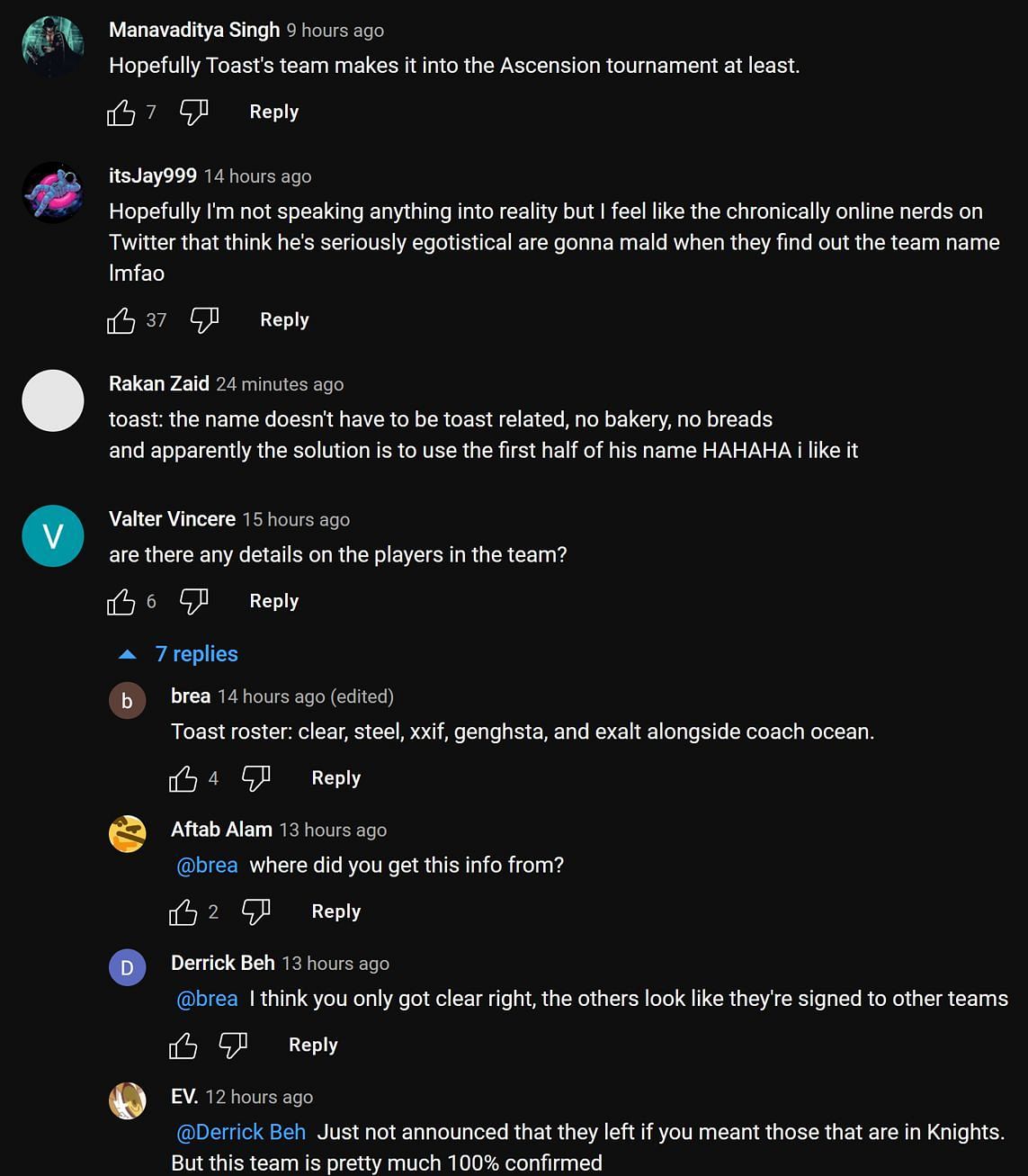 Fans in the YouTube comments section reacting to the streamer revealing the name of his esports team (Image via POG Highlights/YouTube)
