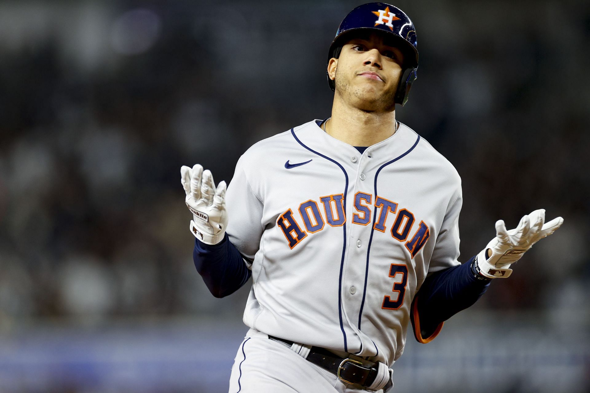 NEW YORK, NEW YORK - OCTOBER 23: Jeremy Pena #3 of the Houston Astros celebrates his three-run home run in the third inning against the New York Yankees in game four of the American League Championship Series at Yankee Stadium on October 23, 2022, in the Bronx borough of New York City. (Photo by Sarah Stier/Getty Images)