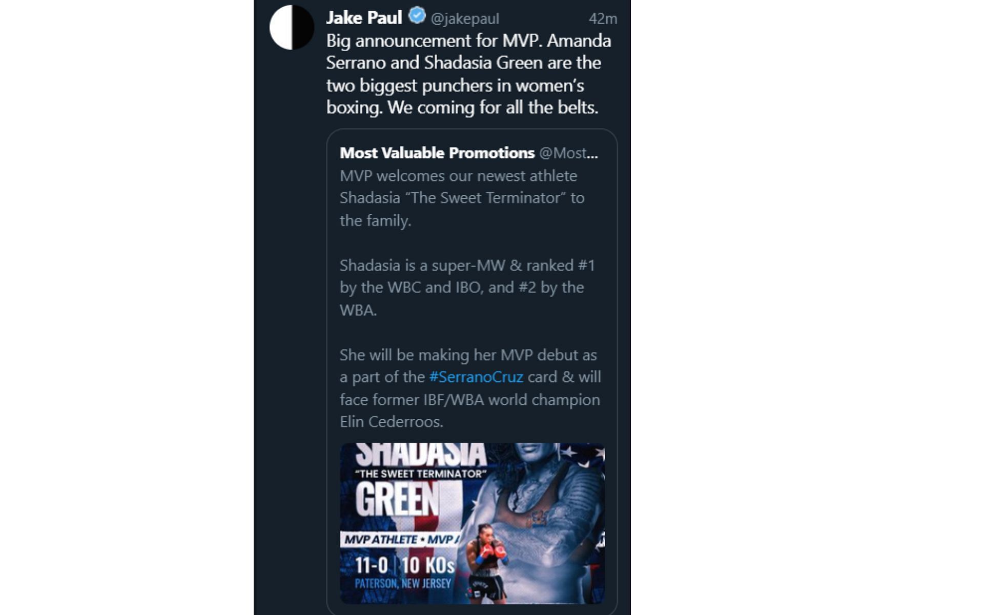 Screenshot of Jake Paul&#039;s deleted tweet