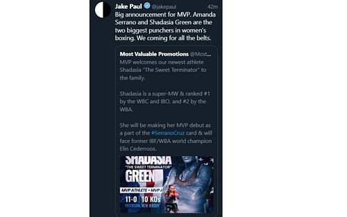 Screenshot of Jake Paul's deleted tweet