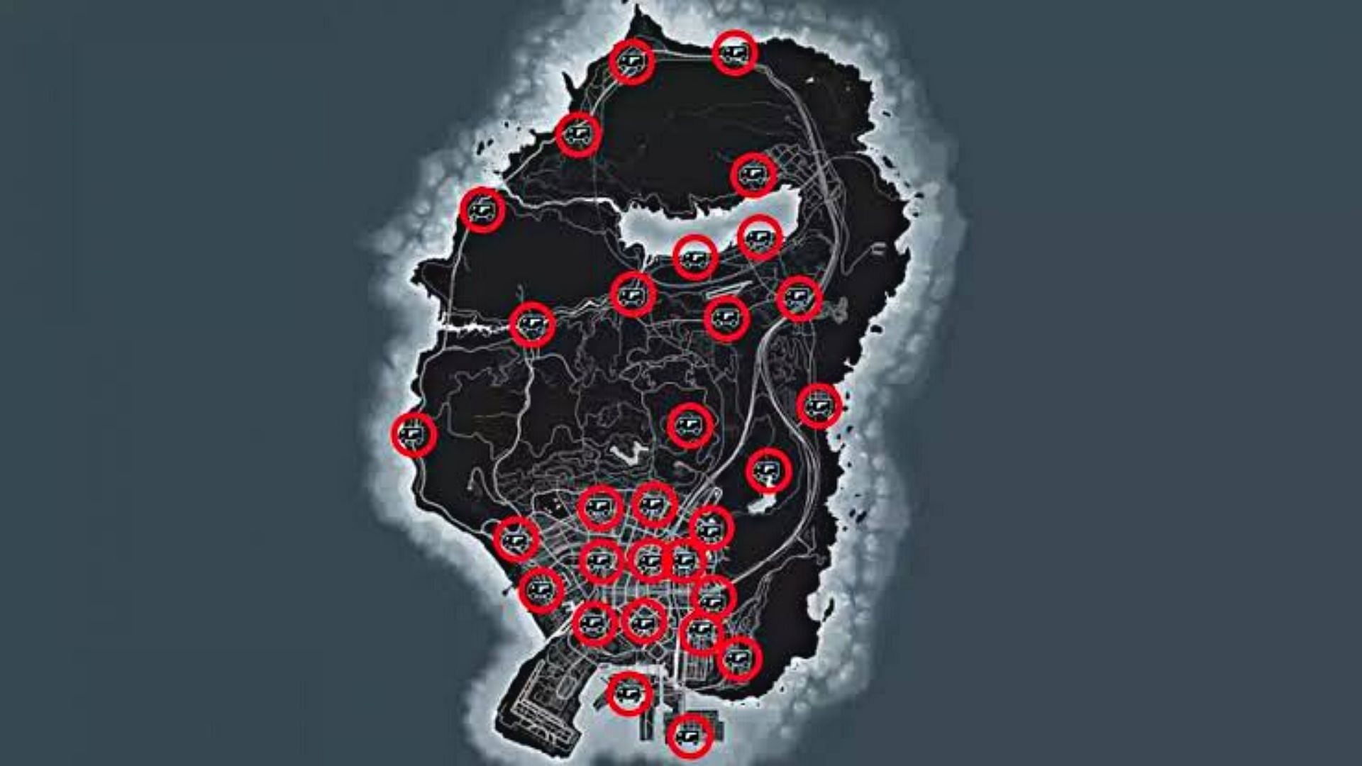A map showing all 30 possible Gun Van locations (Image via GTAWeb.eu)