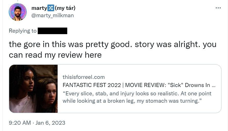 A comment praising the movie (Image via Twitter/ @marty_milkman)