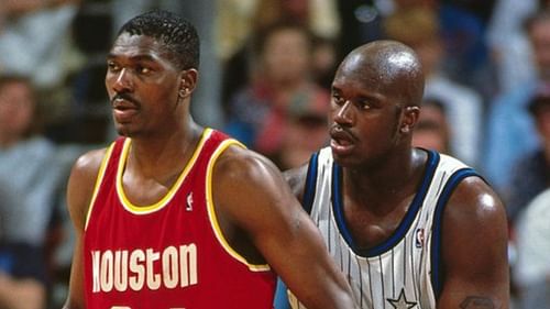 Hakeem Olajuwon (left) vs Shaquille O'Neal