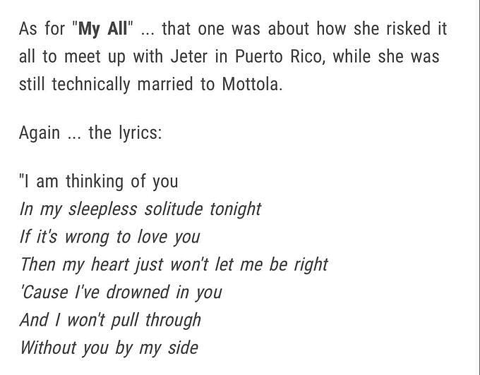 In her 2020 memoir, Mariah Carey wrote of dating Derek Jeter: [T]he  intimacy of our shared racial experience was major—to connect with a  healthy family who looked like mine was very inspiring.