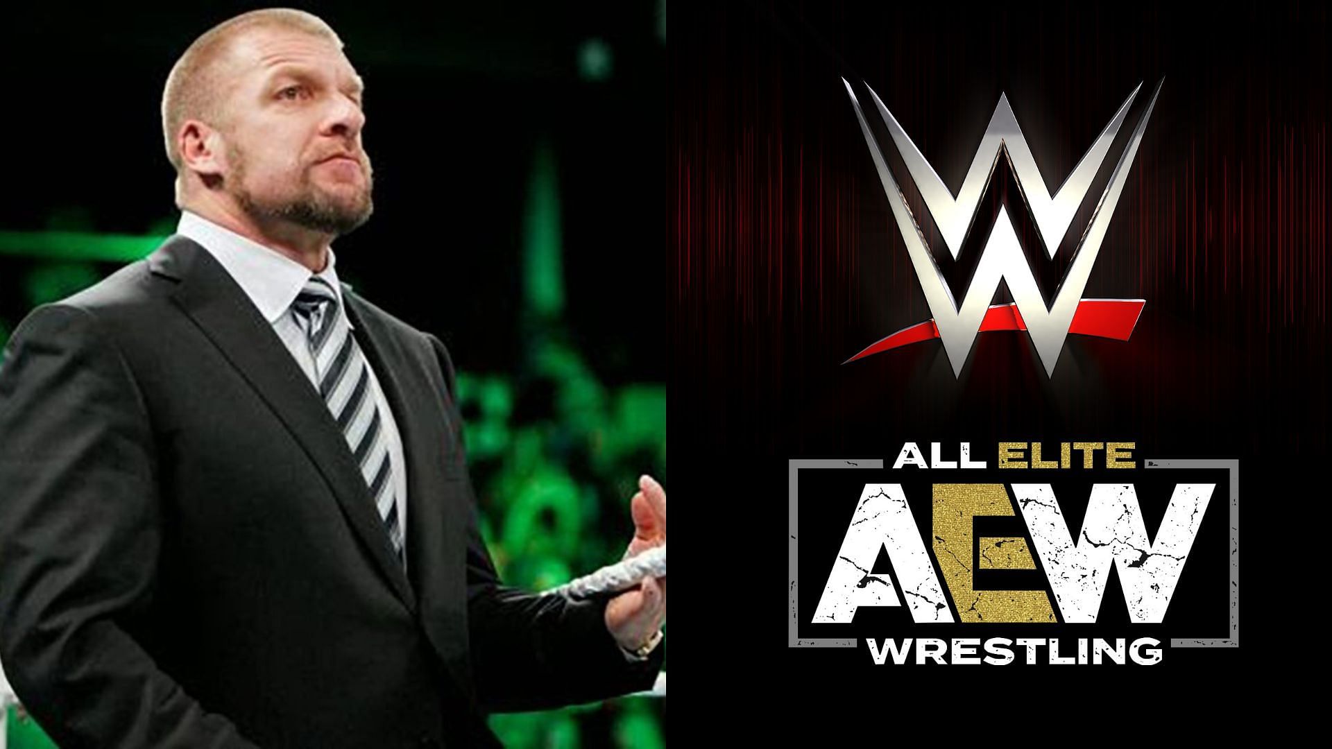 Triple H (left), AEW and WWE logos (right)