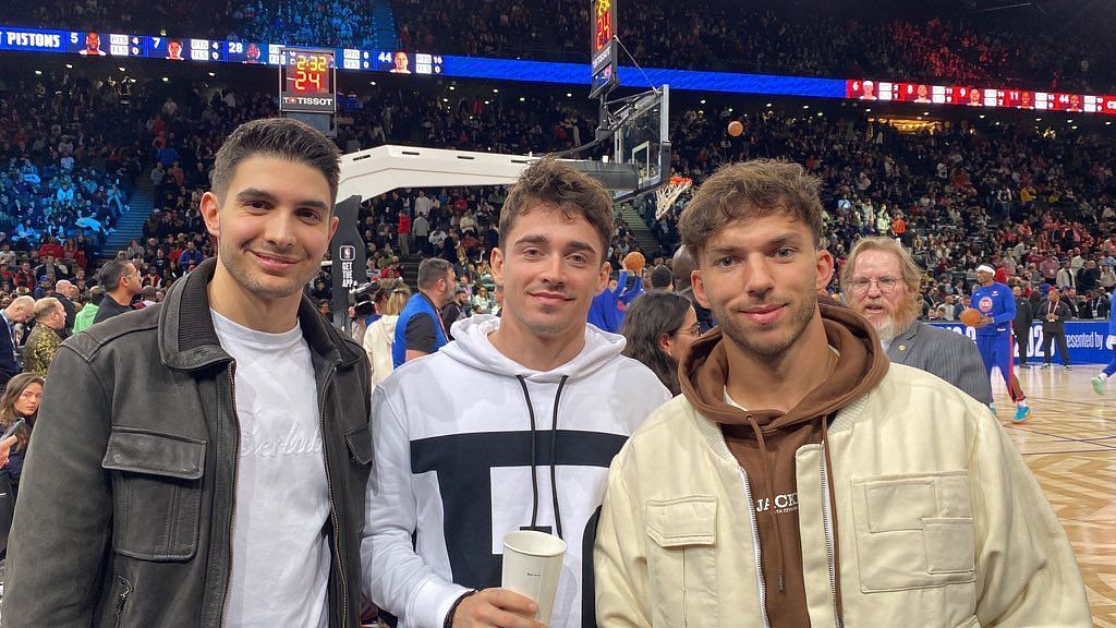 Esteban Ocon(L), Charles Leclerc(M), and Pierre Gasly(R) at the NBA event in Paris