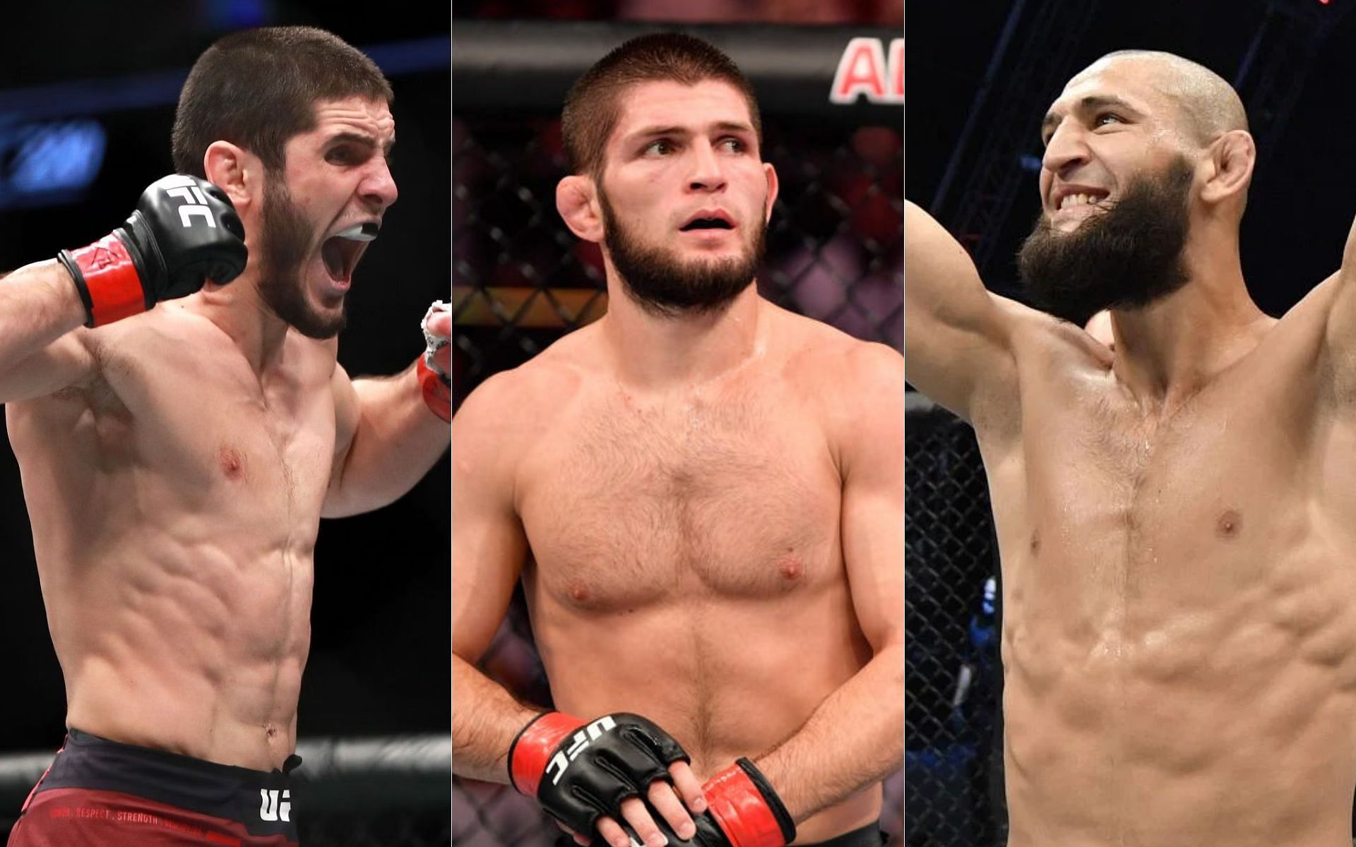 Islam Makhachev (left), Khabib Nurmagomedov (centre), Khamzat Chimaev (right)