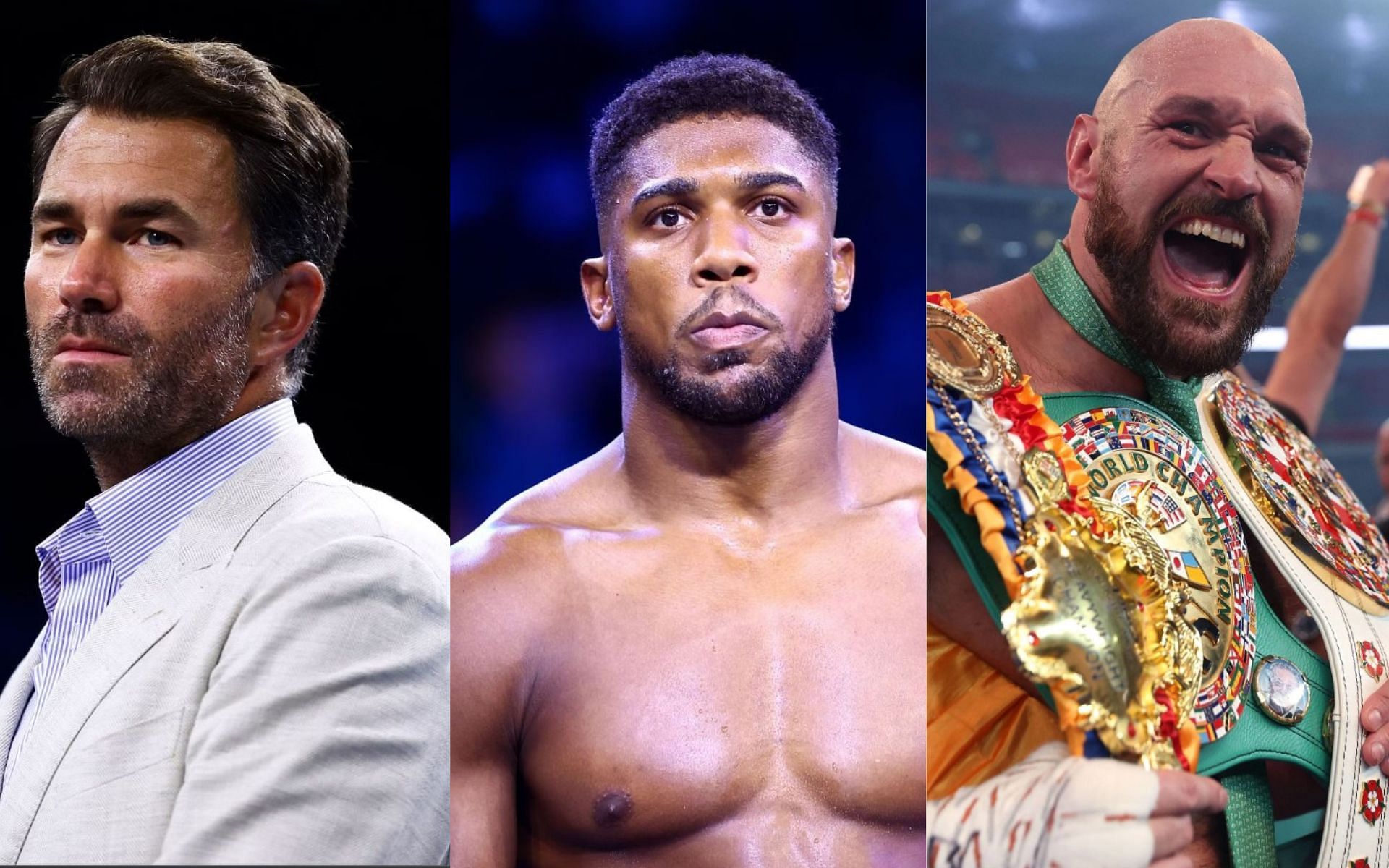 Eddie Hearn (Left )Anthony Joshua (Centre) and Tyson Fury (Right) (Image Credits; Getty Images)