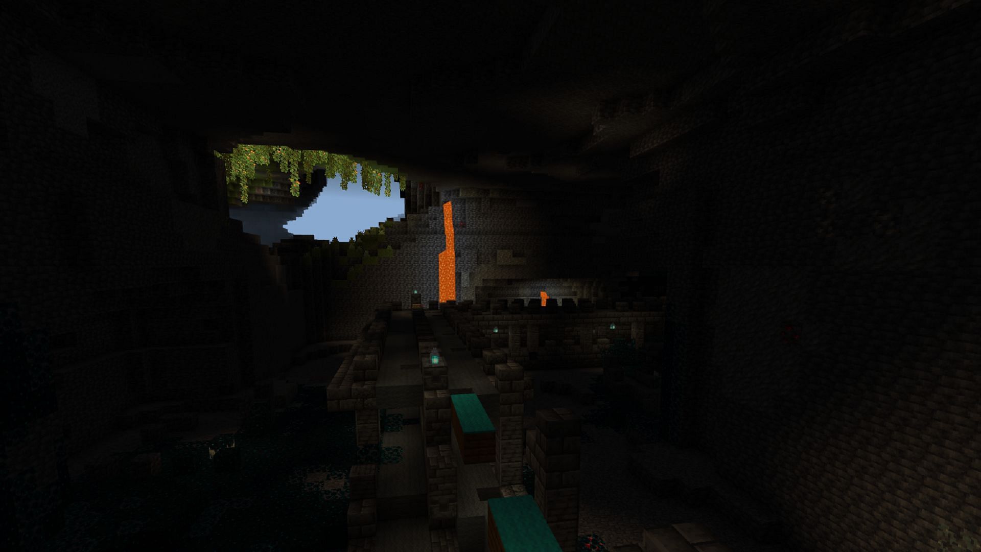 The closest ancient city in this seed is partially illuminated by a lush cave (Image via Mojang)