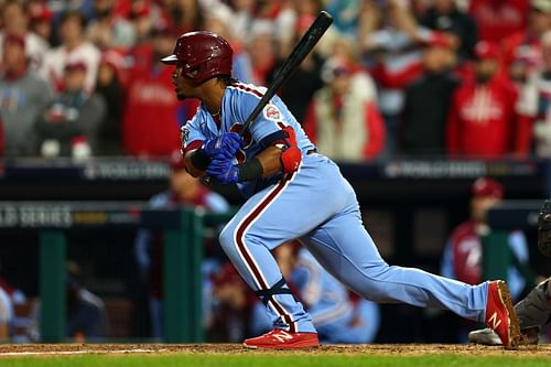 Jean Segura hits a RBI single against the Houston Astros in the 2022 World Series at Citizens Bank Park