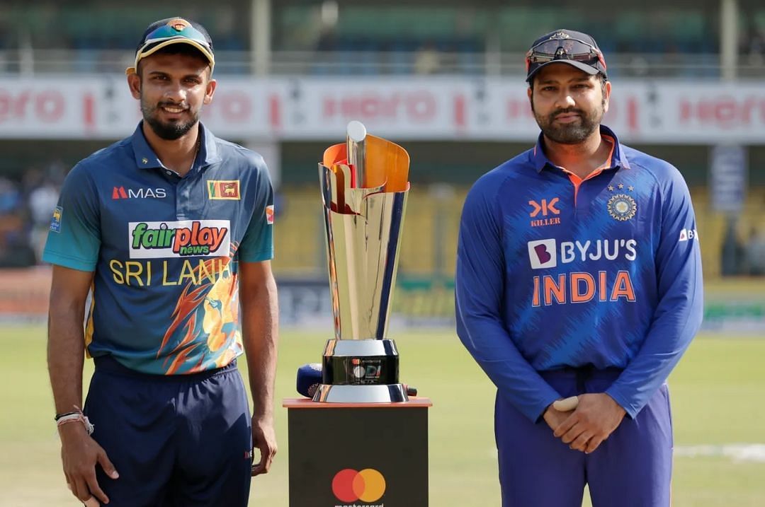 Dasun Shanaka and Rohit Sharma posing with the ODI trophy [Pic Credit: BCC]