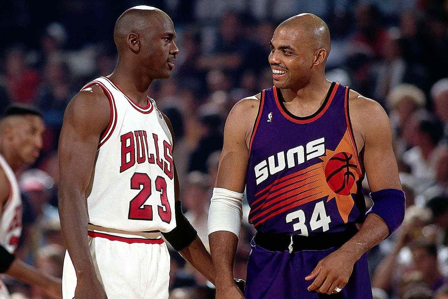Michael Jordan and Charles Barkley share a laugh during their NBA days(Image Via Getty)