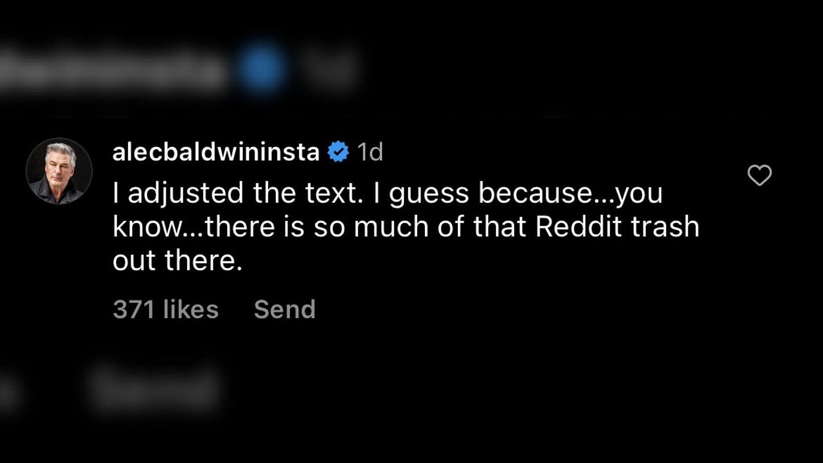 Screenshot of Alec Baldwin&#039;s comment on his Instagram post