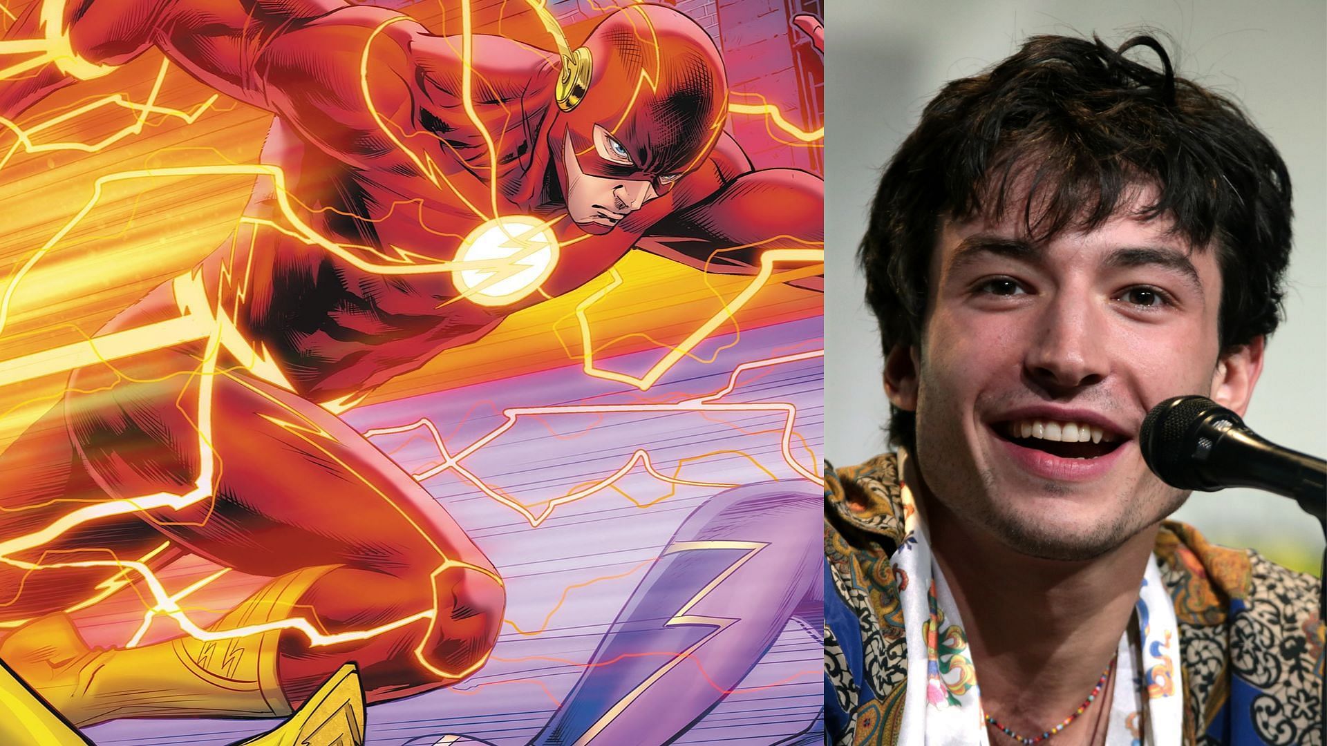 Ezra Miller plays the superhero Flash in DC movies (Image via DC and Wikipedia)