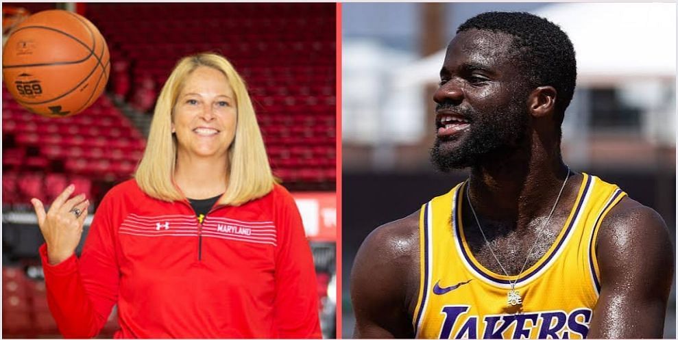 Frances Tiafoe interacts with Maryland owner Brenda Frese 