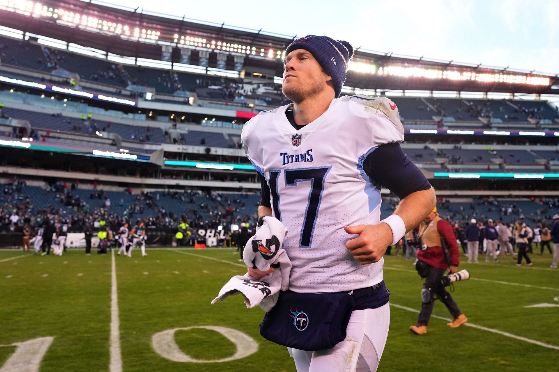 Ryan Tannehill of the Tennessee Titans runs off the field after losing to the Philadelphia Eagles