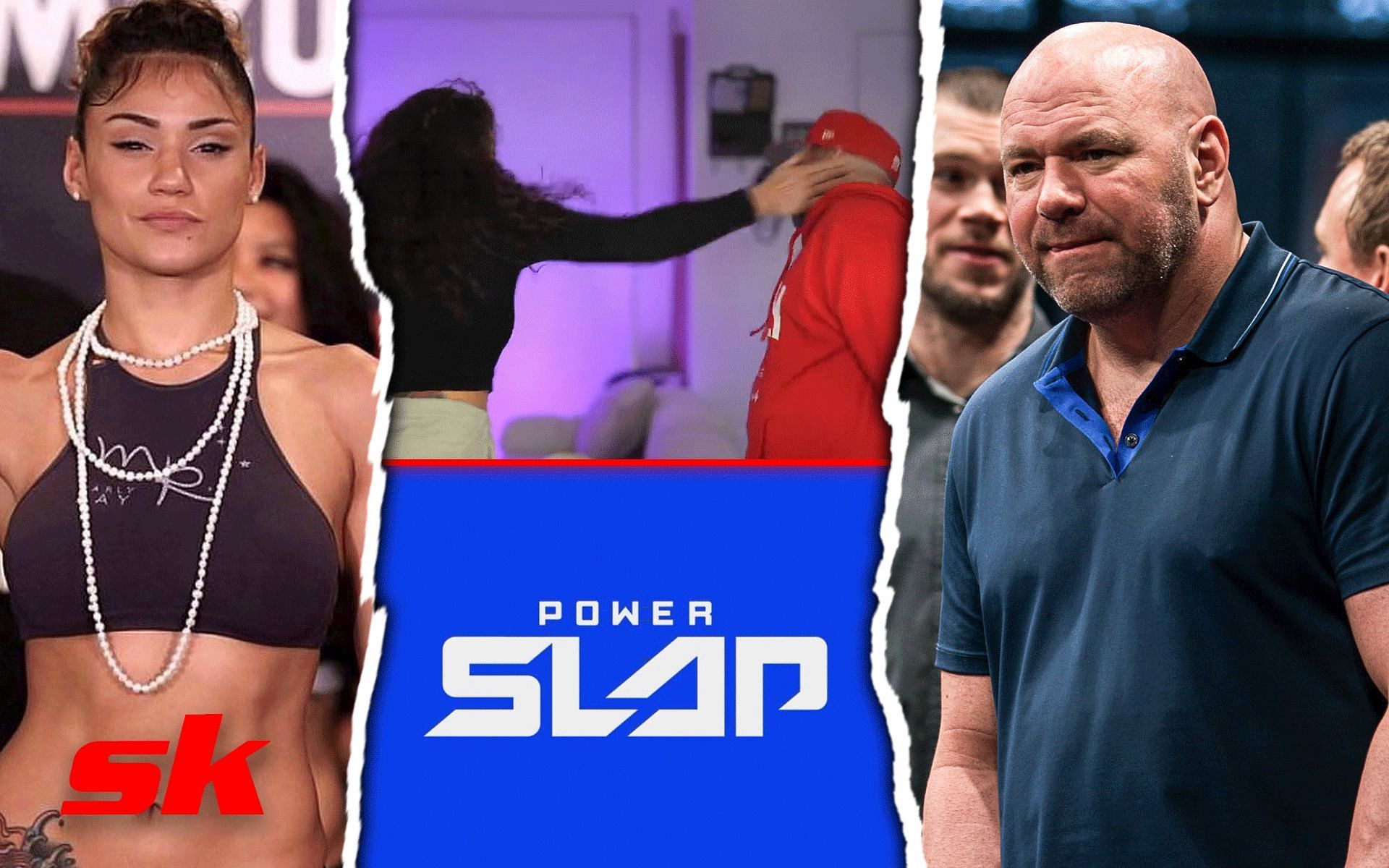Pearl Gonzalez (left), Video still from @PearlGonzalez on Twitter, Power Slap League logo and Dana White (right) [Image Courtesy: Getty Images, @powerslap and @pearlgonzalez on Instagram]  