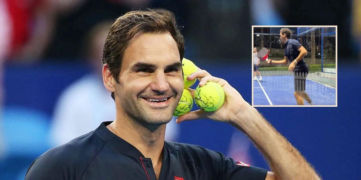 Roger Federer; a snapshot of Federer playing padel (inset)