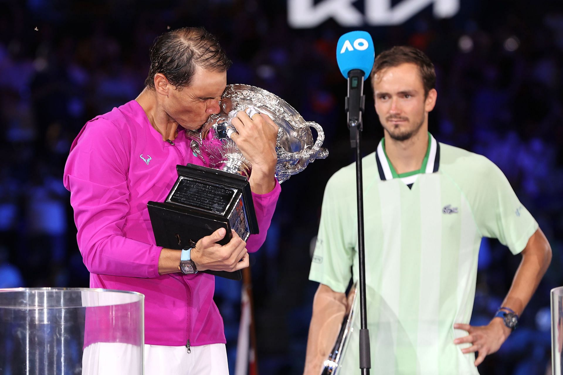 Rafael Nadal and Daniil Medvedev at the 2022 trophy presentation.