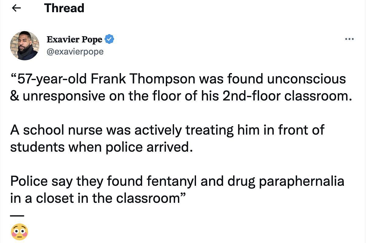 Netizens share updates on Frank Thompson who consumed drugs in front of the students. (Image via Twitter)