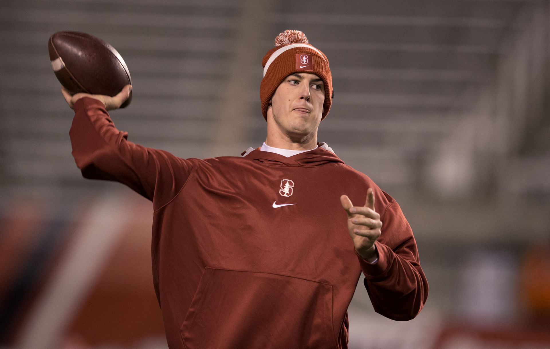 Tanner McKee of the Stanford Cardinal throws a pass during warmups before their game against the Utah Utes