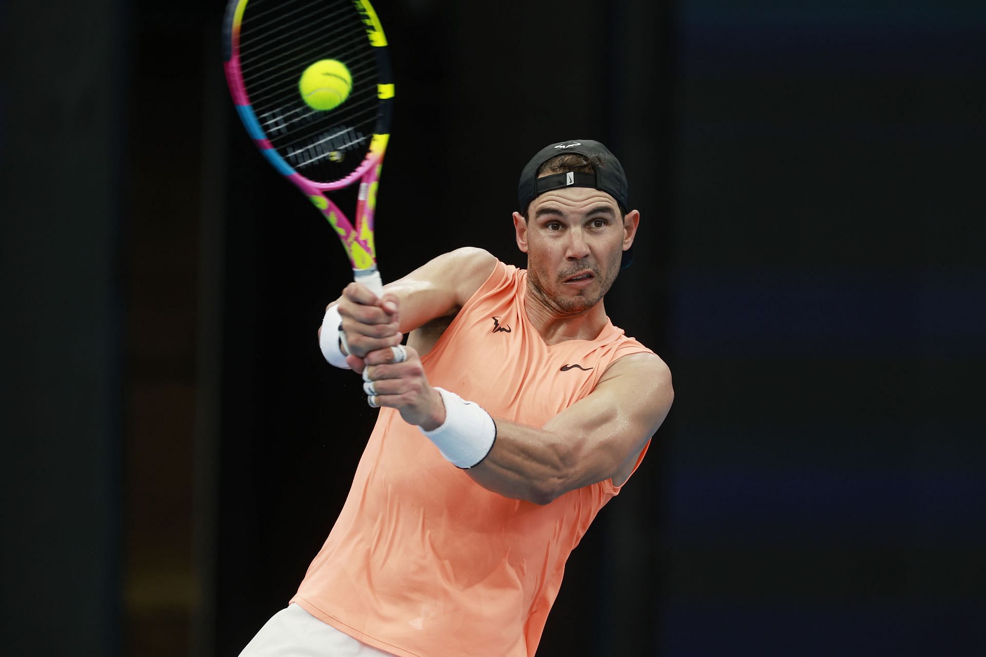 Rafael Nadal plays during a practice session ahead of the 2023 United Cup