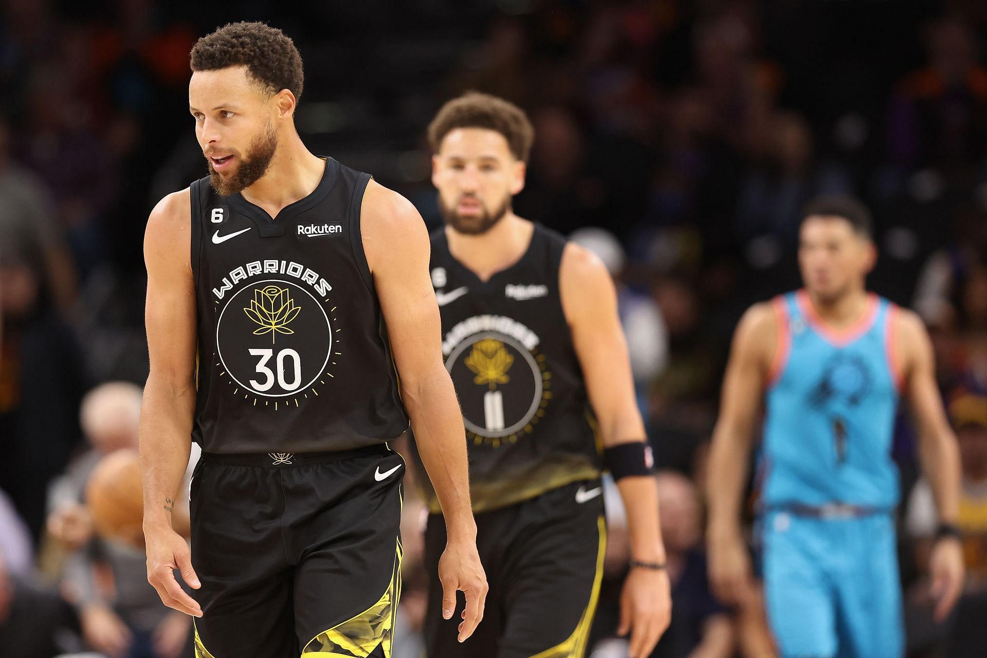 Steph Curry with Klay Thompson of the Golden State Warriors