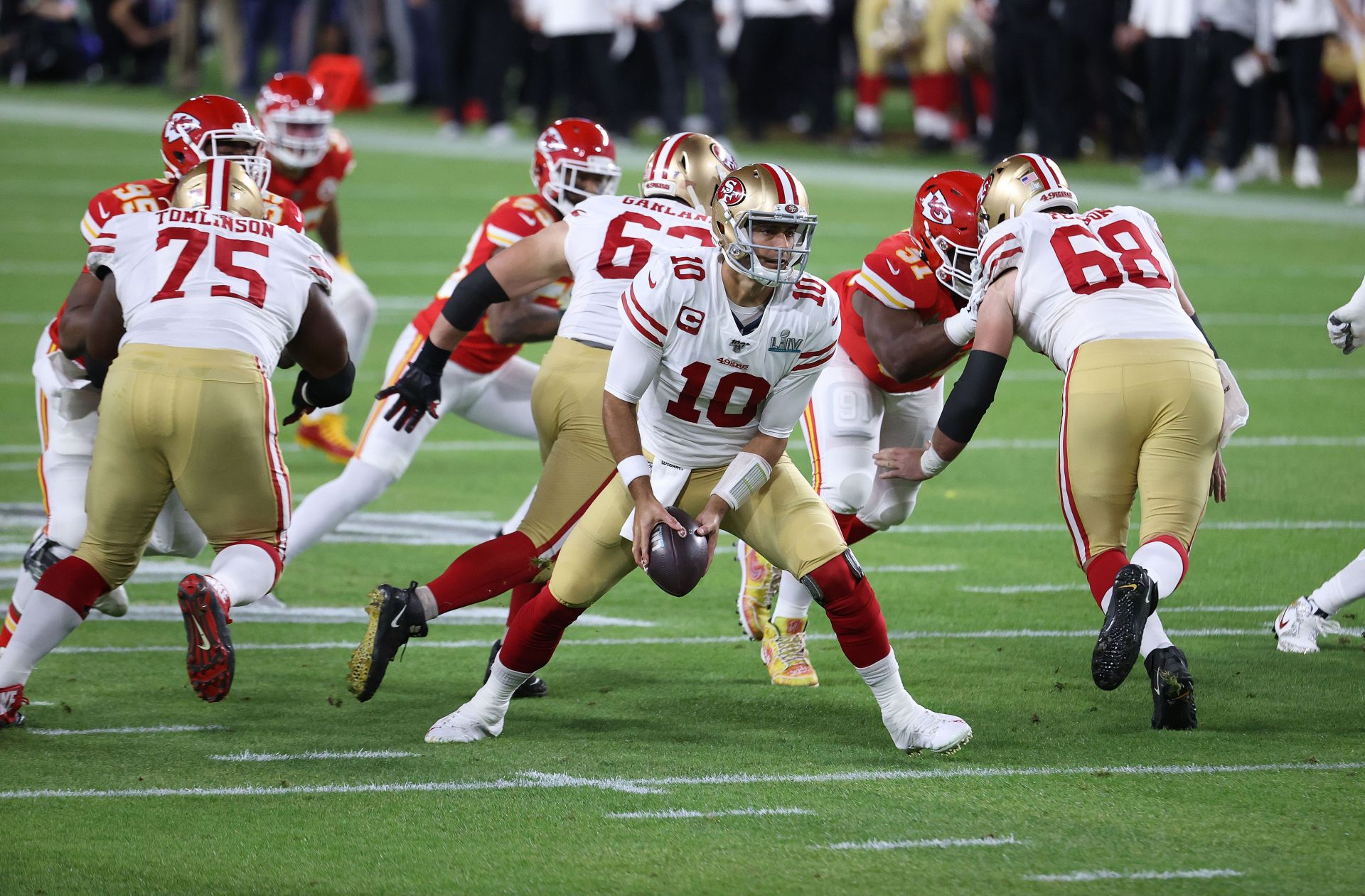 Jimmy Garoppolo of the San Francisco 49ers in action against the Kansas City Chiefs in Super Bowl LIV