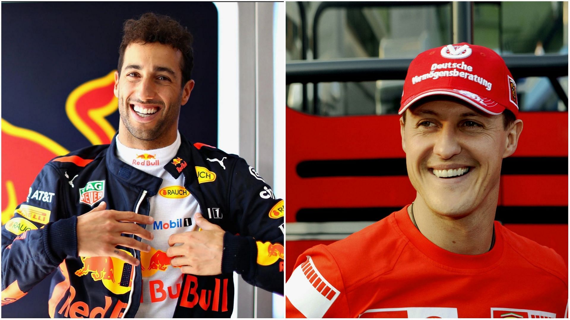 Daniel Ricciardo(L) of Red Bull and Michael Schumacher(R) of Ferrari