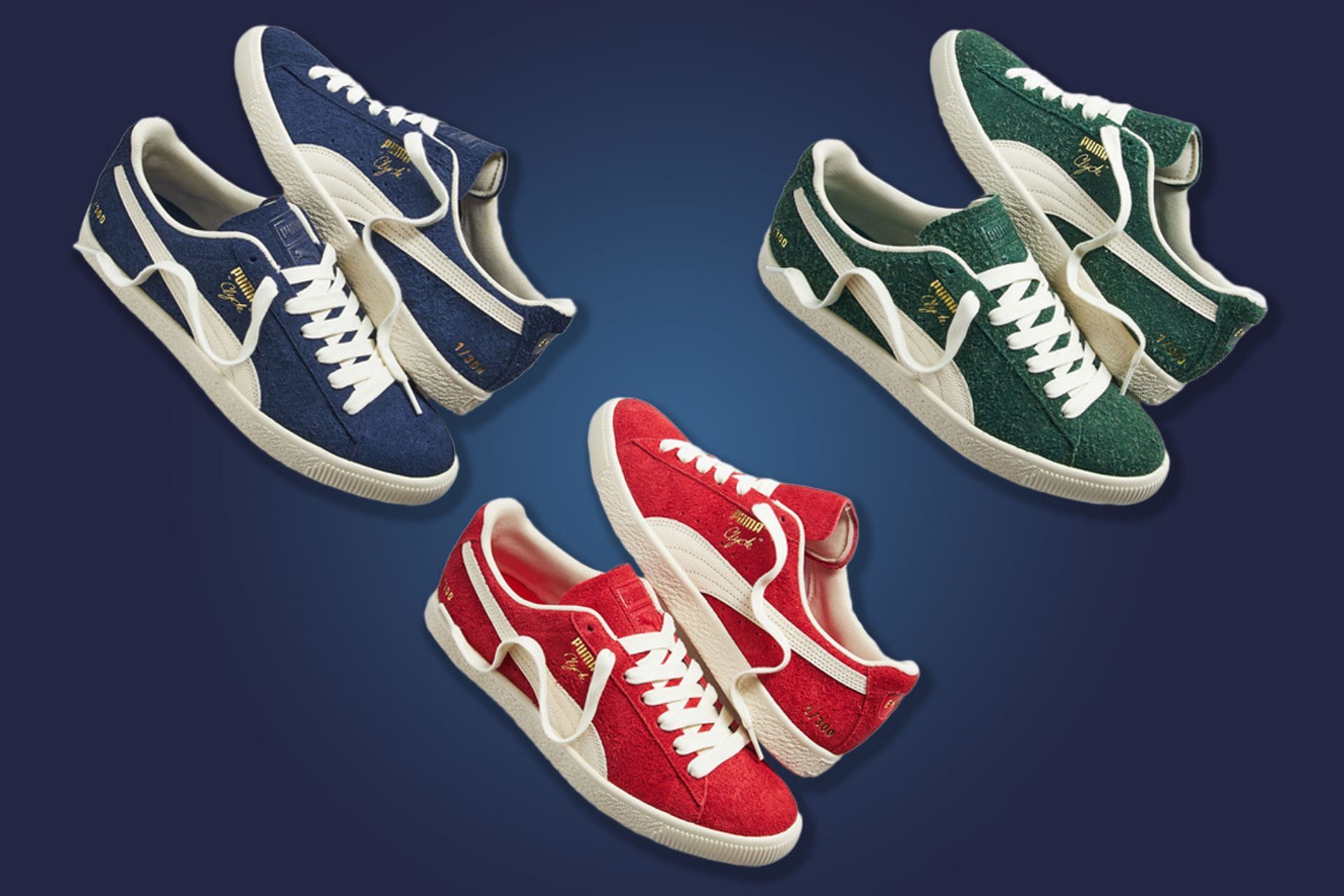 Here&#039;s another look at the three colorways of Puma Clyde shoes (Image via Puma)