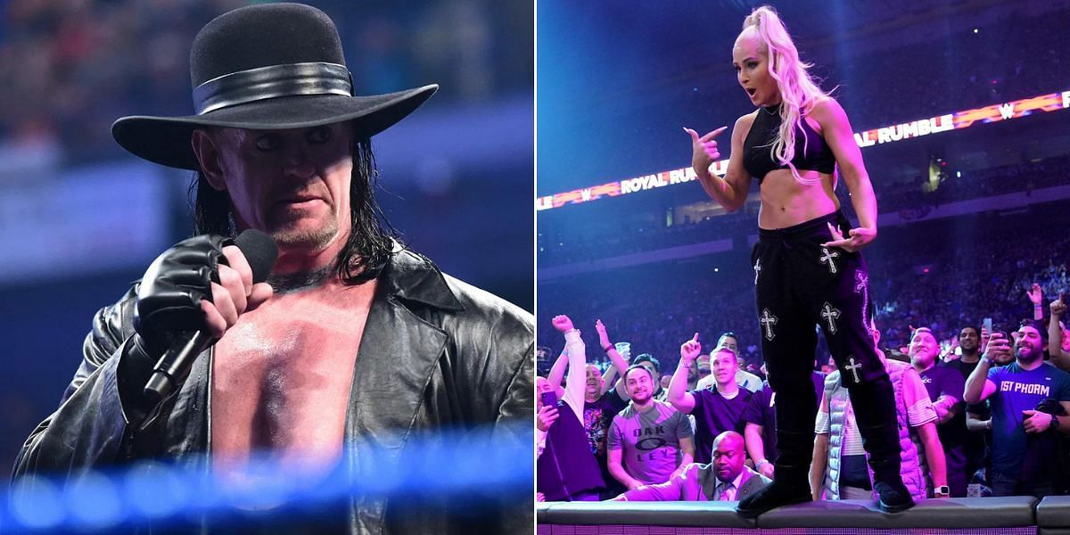 The Undertaker reacts to his wife entering the 2023 WWE Women's Royal Rumble match