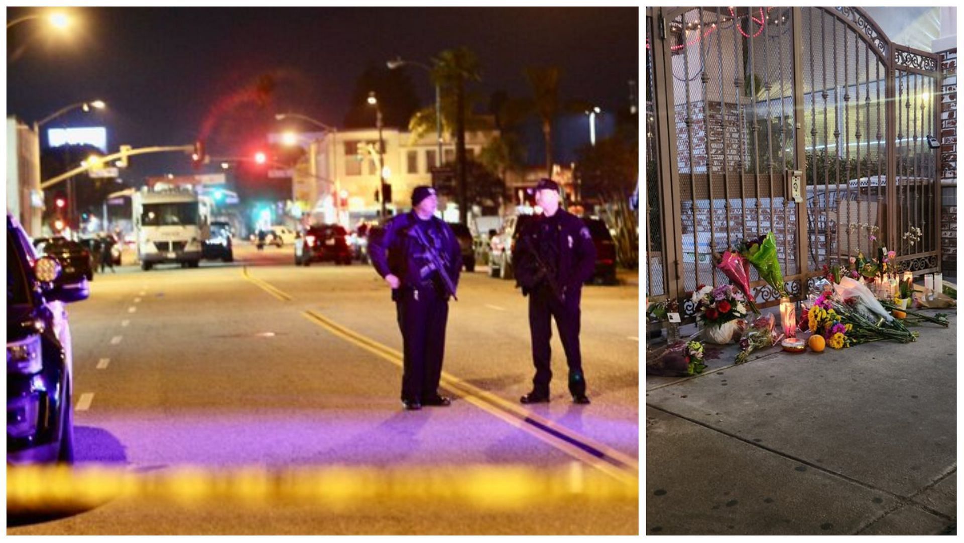 Officers are investigating the area of the shooting (left), candles and flowers have been offered in front of the dance studio at Monterey Park (right), (Images via @shannonrwatts and @BlakeTroliKFI/Twitter)