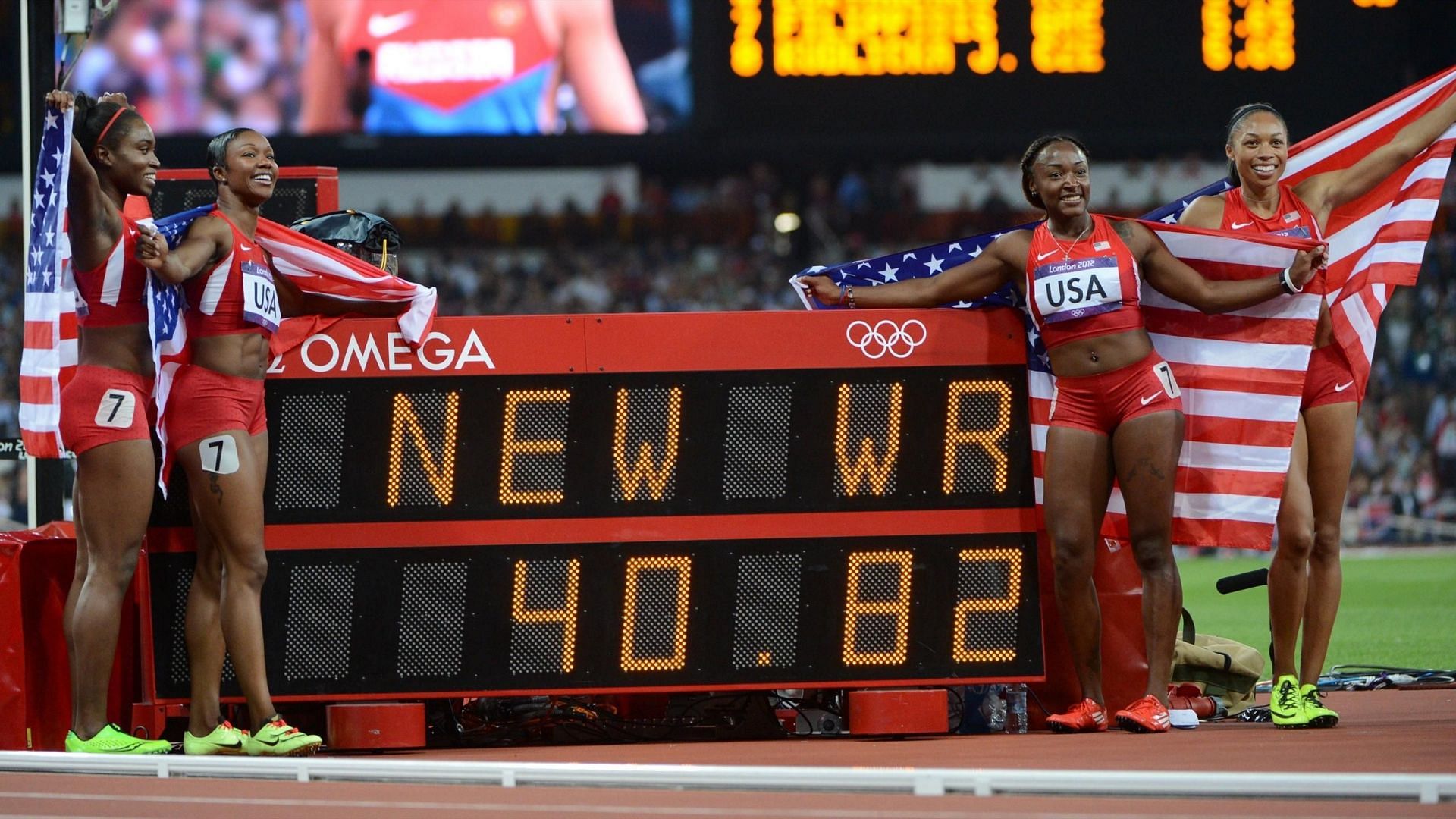 Team USA after winning the finals of 4x100m relay at the 2012 London Olympics (Image via Eurosport)