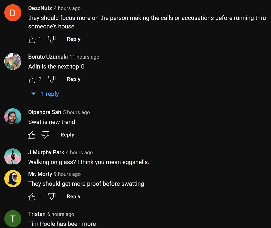 Fans in the YouTube comments section providing their take on the streamer talking about swatting incidents (Image via FULL SEND Podcast clips/YouTube)